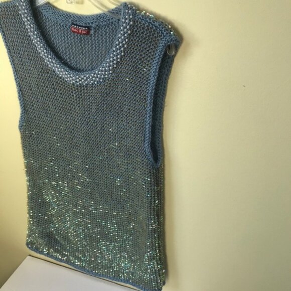 Mac & Jac Vintage Y2K Sleeveless Sweater Beads Sequins Metallic Top Blue Preppy - Picture 2 of 14
